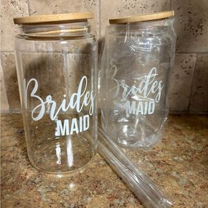 2 New Bridesmaid Glasses With Bamboo Lids And Glass Straws